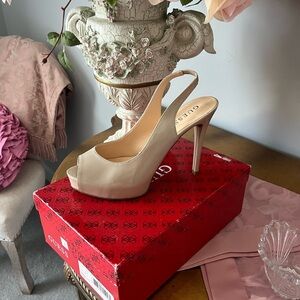 Guess Beige Patent Peep-Toe Slingback Stiletto Heels